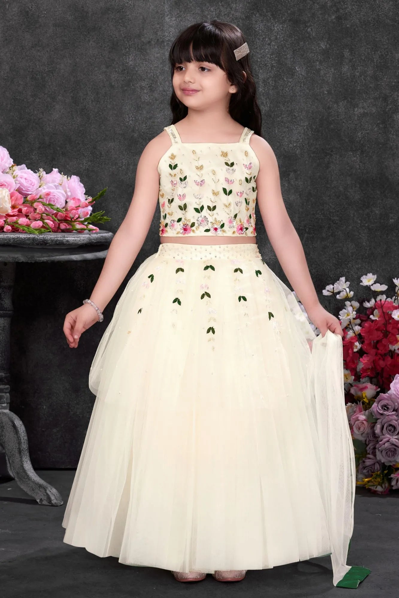White Embroidered Lehenga Choli Set For Girls