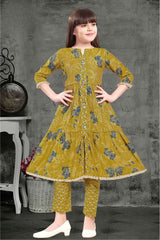 Mustard Floral Printed And Sequins Work Kurta With Pant Set For Girls