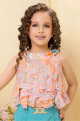 Stylish Turquoise Blue Printed Top And Skirt Set For Girls