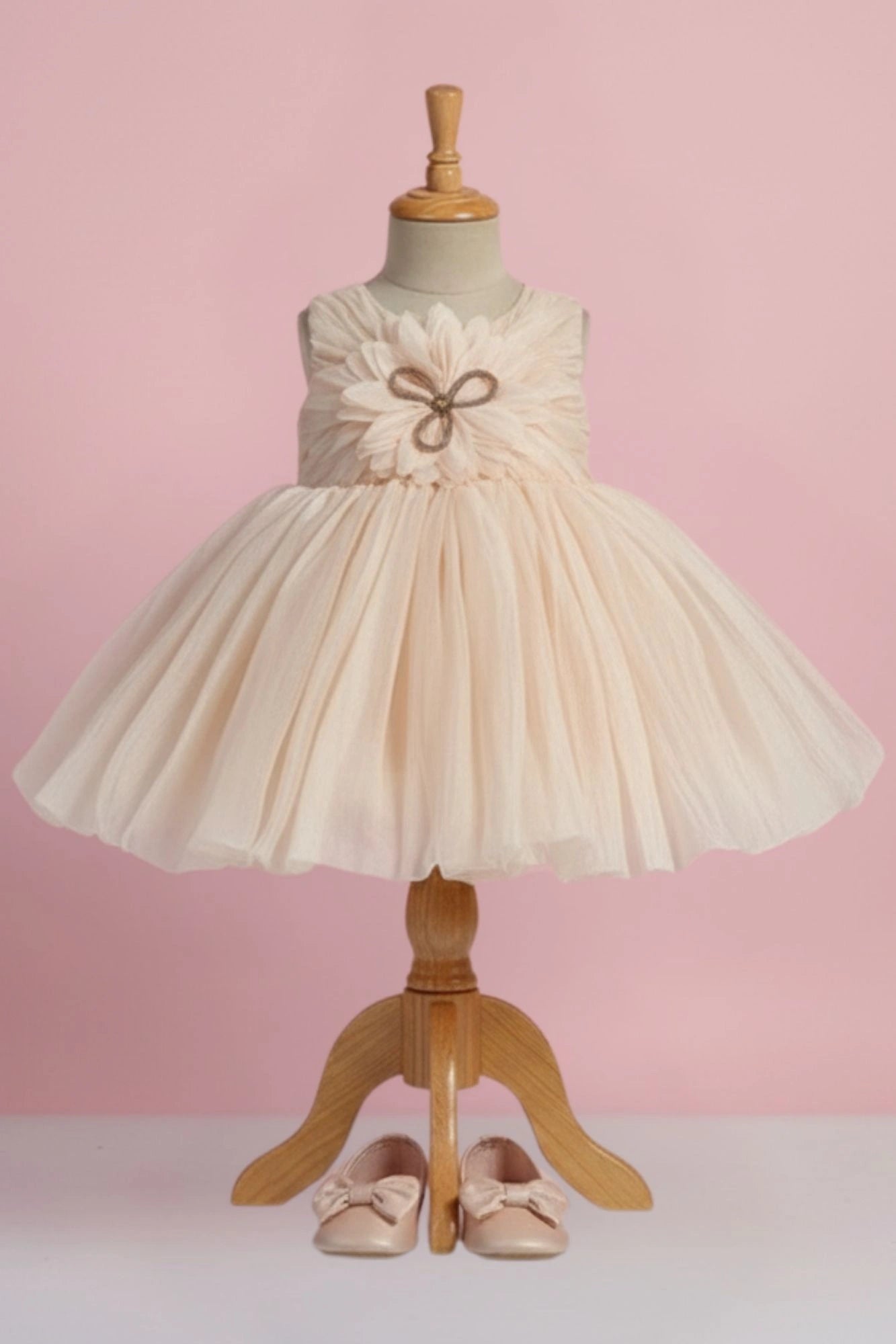 Fawn Party Frock with Oversized Floral Appliqué and Pleated Shine Finish For Girls