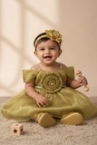 Gold Party Frock with Pleated Flower Appliqué and Shimmer Finish For Girls