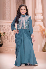 Teal Blue Embroidered Drapped Style Palazzo Set For Girls