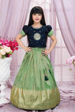 Navy Blue And Pista Green Embroidered Pattu Pavadai Set For Girls