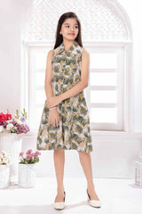 Green Sleeveless And Leave Printed A-Line Frock For Girls