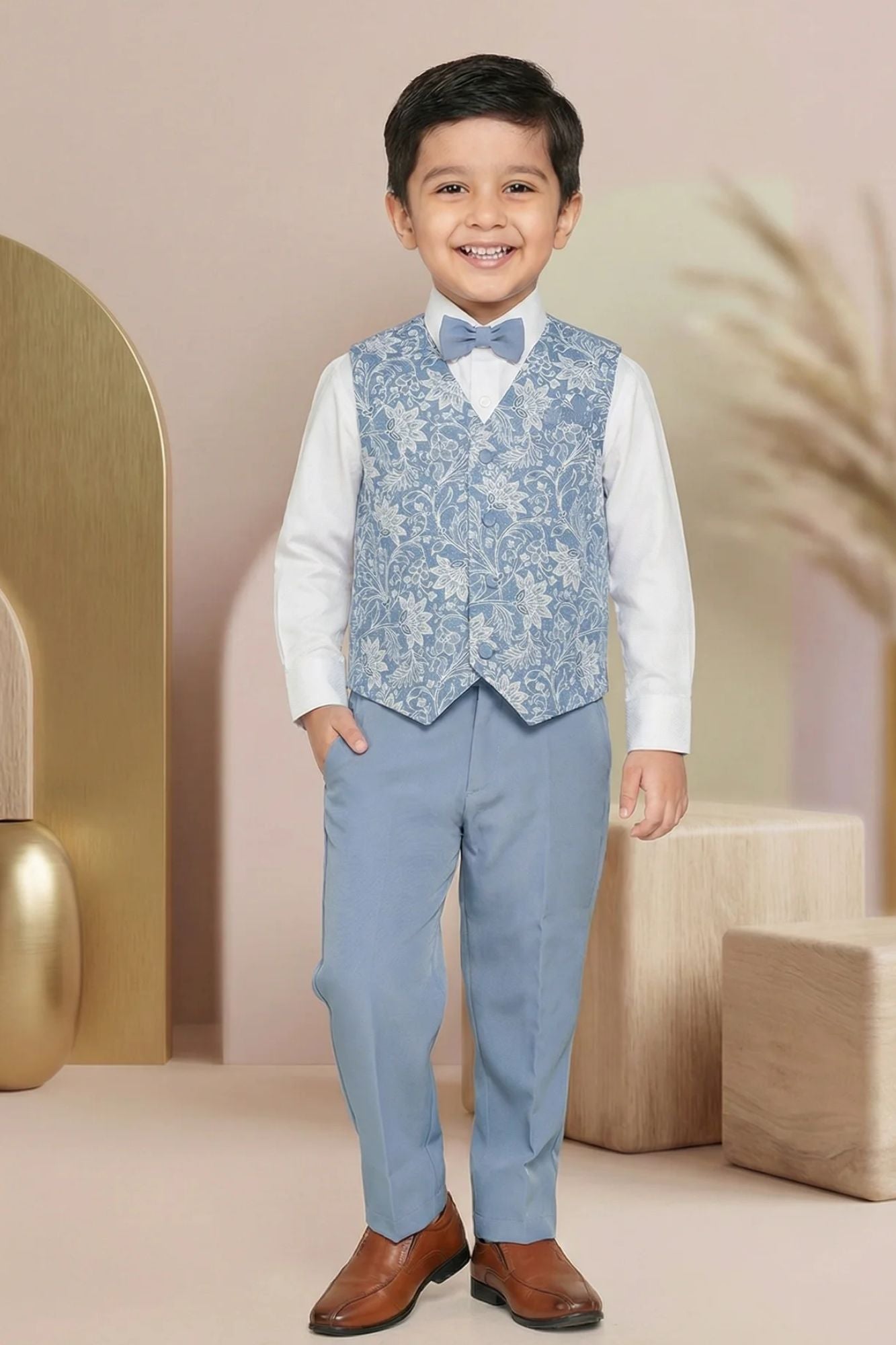 Boys Light Blue Party Wear 5-Piece Suit