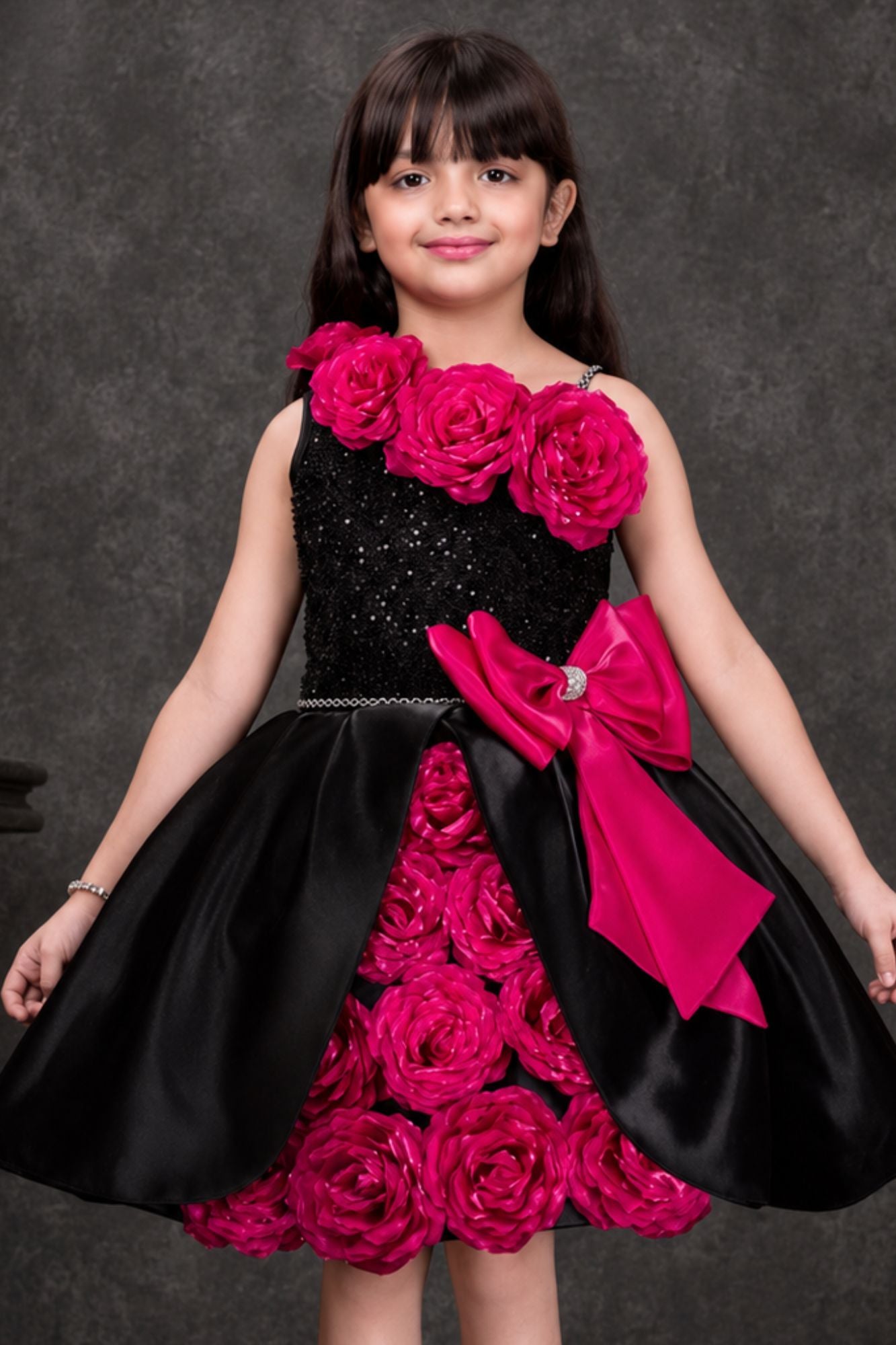 Black & Fuchsia Floral Party Wear Frock with Statement Bow