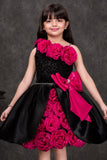 Black & Fuchsia Floral Party Wear Frock with Statement Bow