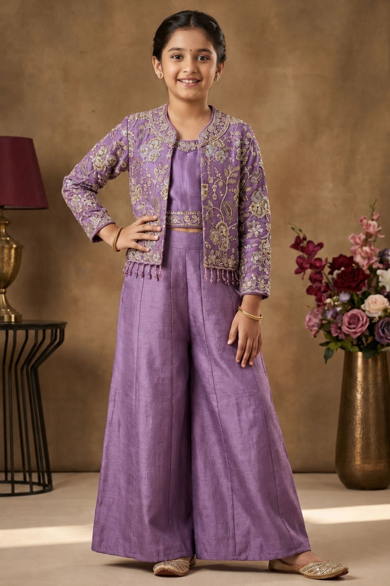Lilac Palazzo Set with Embroidered Jacket For Girls