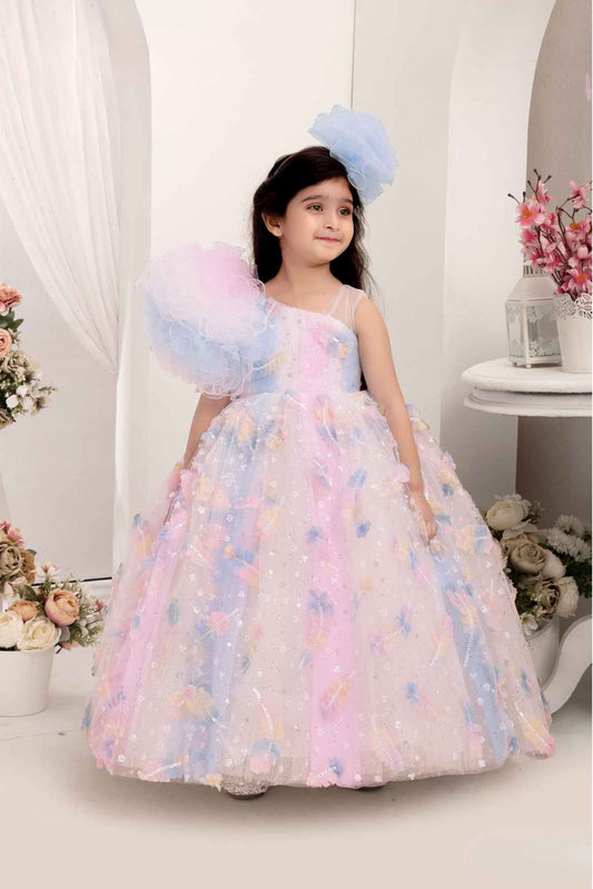 Multicolor Sequin Gown With Ruffled Asymmetric Sleeves For Girls