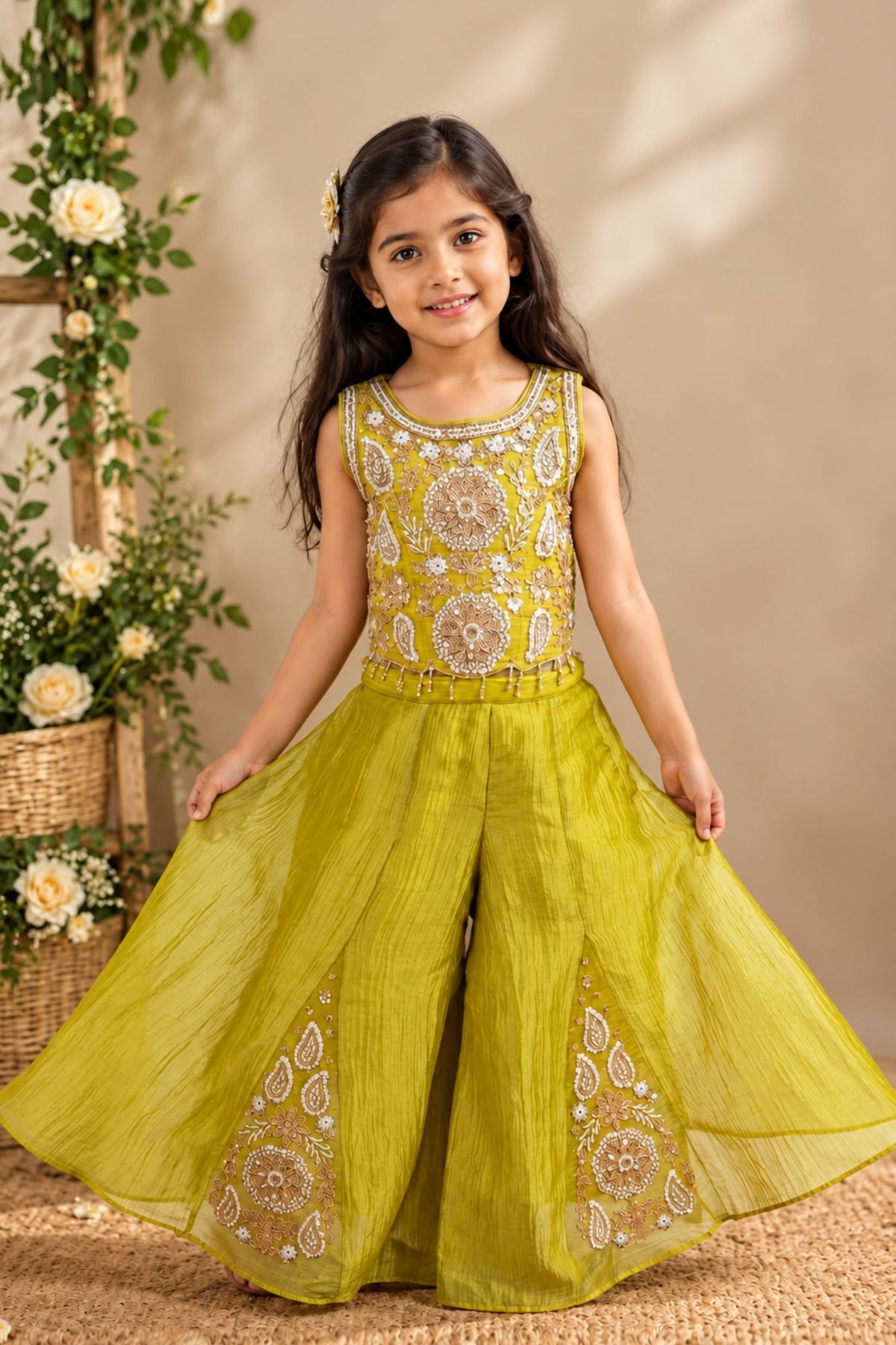 Girls Gold Sequin And Zari Embroidered Sleeveless Palazzo Set With Dupatta
