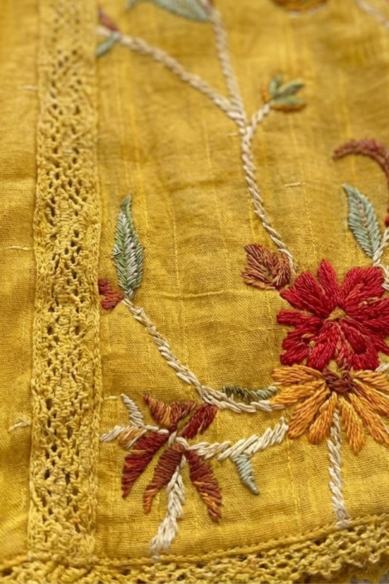 Girls Mustard Embroidered Dress with Tie-Up Neck