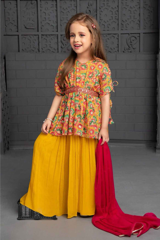 Yellow Printed Palazzo Set With Mirror Work For Girls