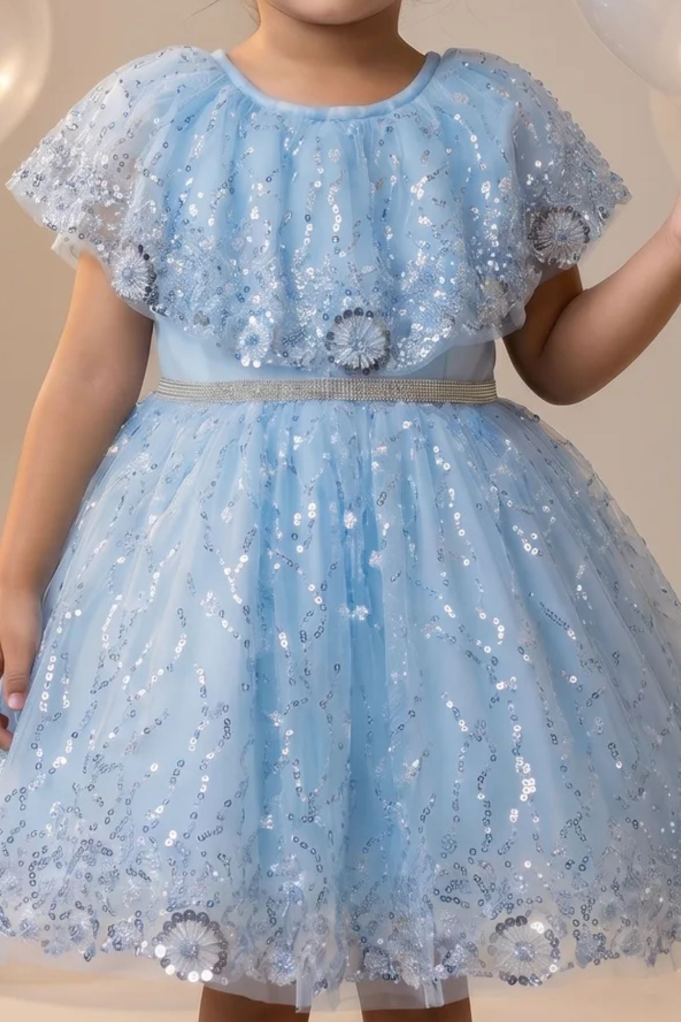Girls Sky Blue Sequinned Net Party Wear Frock with Floral Embellishments