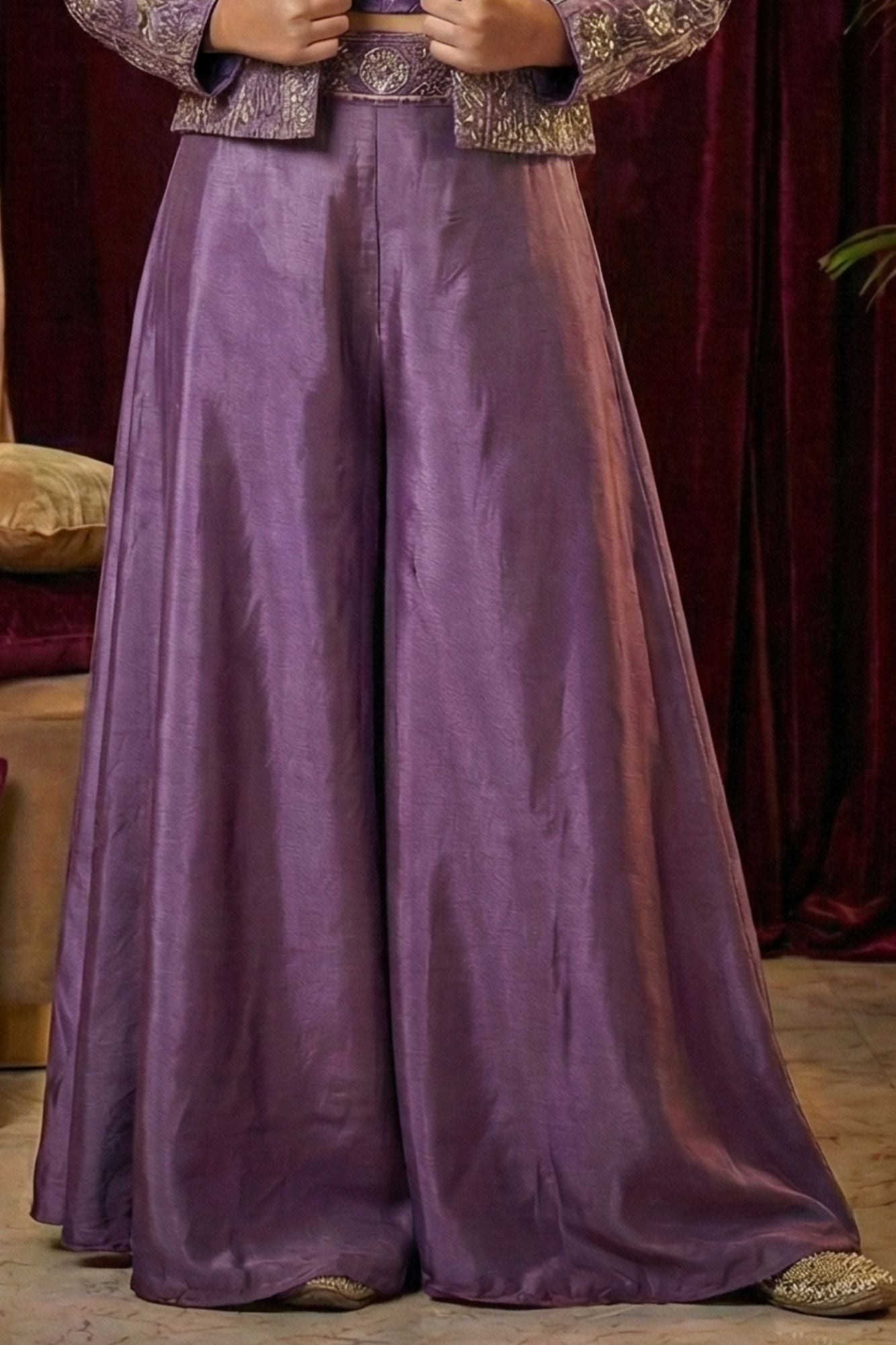 Lavender Embroidered Crop Top and Jacket Palazzo Set For Girls