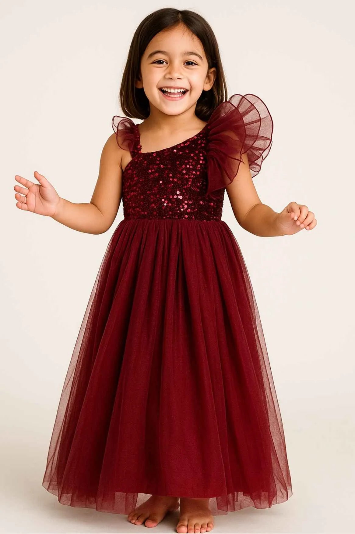 Maroon Sequins Embellishment Party Wear Gown For Girls