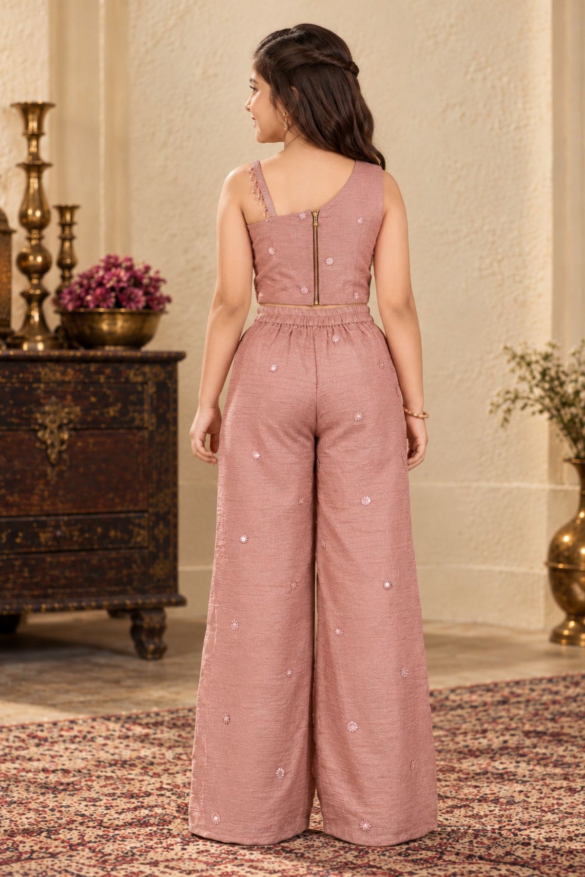 Girls Dusty Pink One-Shoulder Bead And Sequin Embroidered Palazzo Set