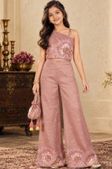 Girls Dusty Pink One-Shoulder Bead And Sequin Embroidered Palazzo Set