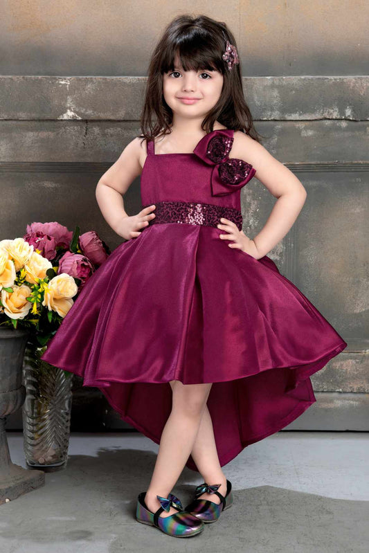 Wine Tail Back Frock With Bow Embellished For Girls