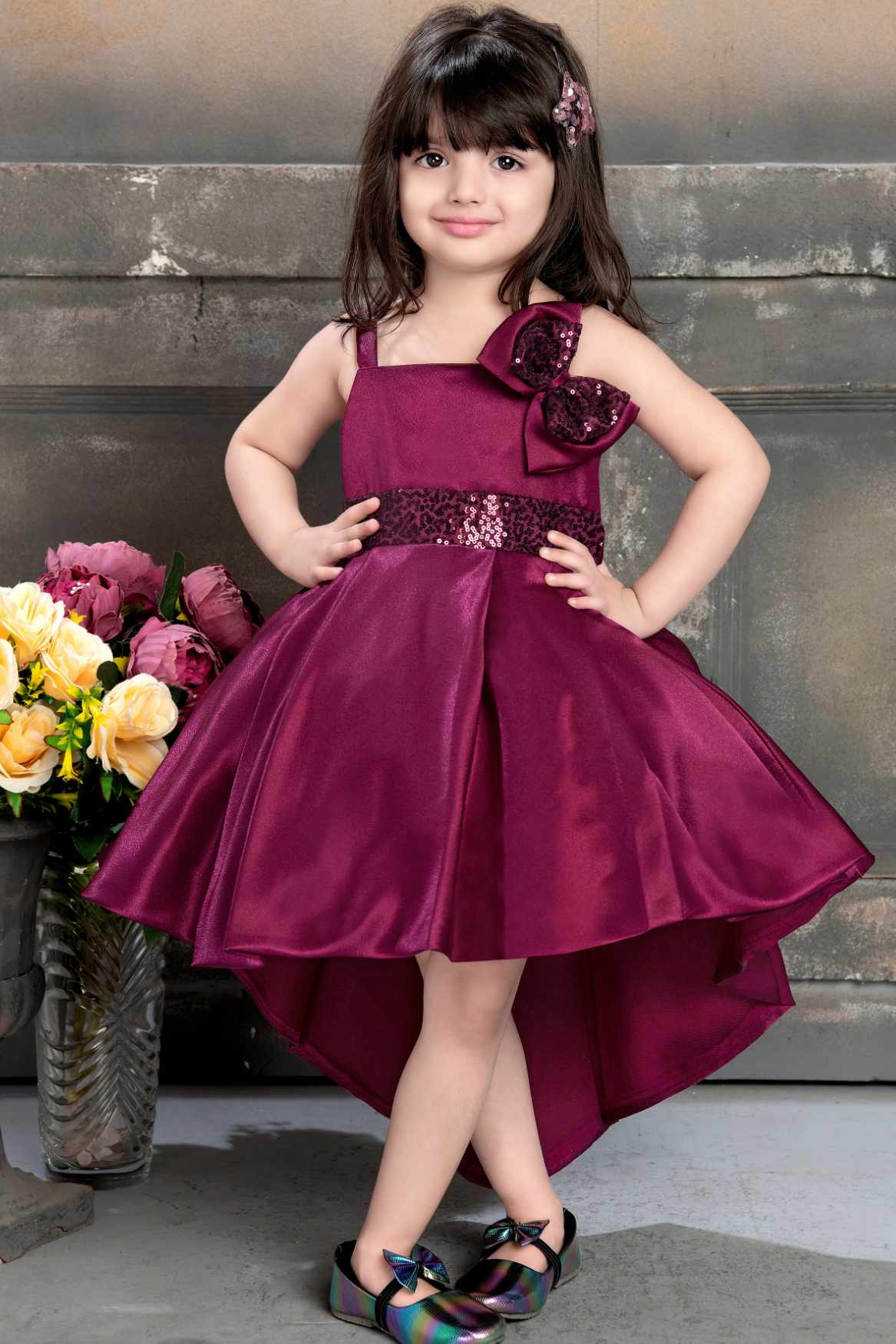 Wine Tail Back Frock With Bow Embellished For Girls