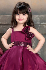 Wine Tail Back Frock With Bow Embellished For Girls