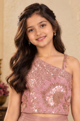 Girls Dusty Pink One-Shoulder Bead And Sequin Embroidered Palazzo Set