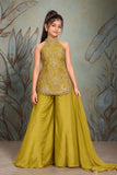 Girls Mustard With Gold Elephant Motif Embellished Palazzo Set With Dupatta