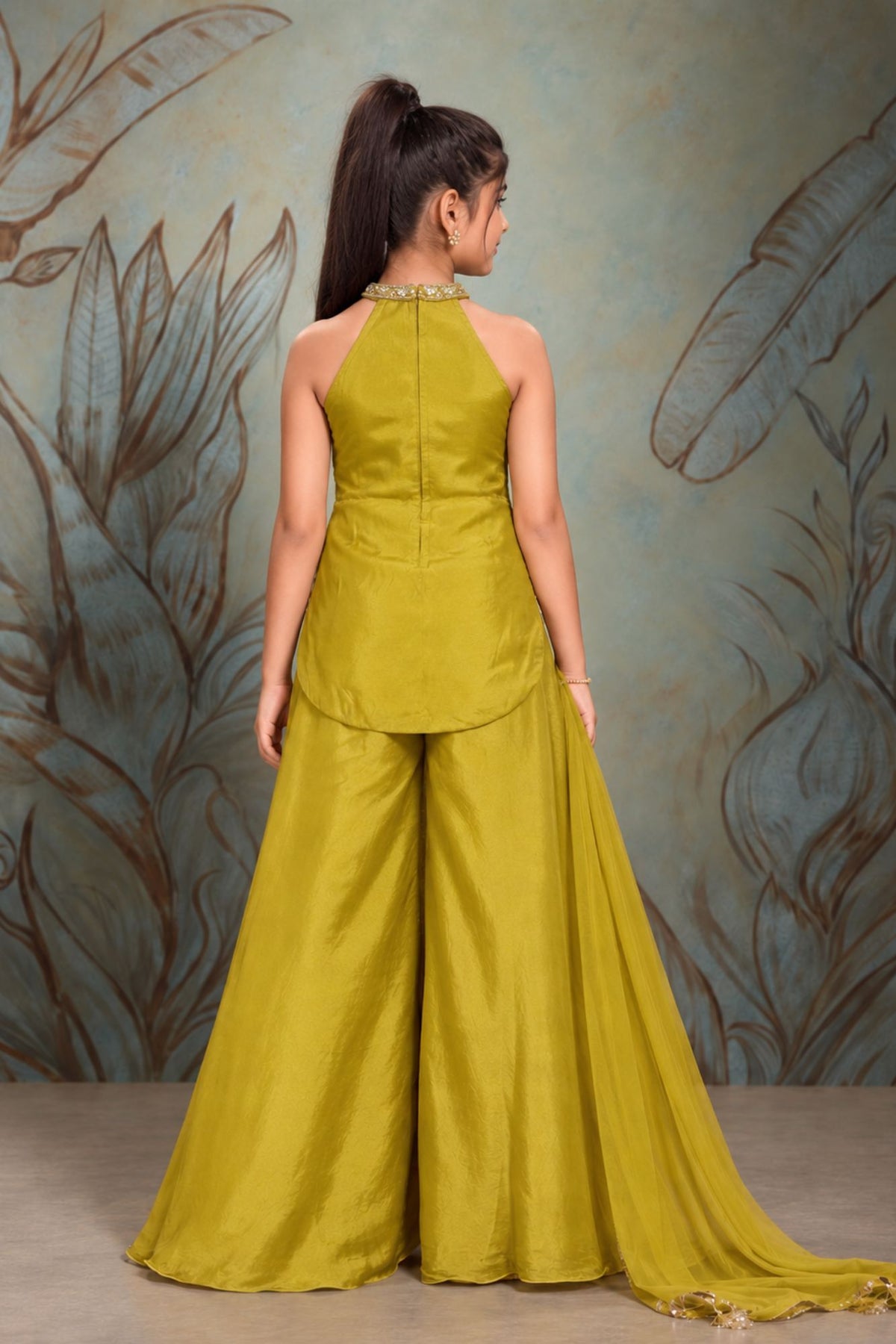Girls Mustard With Gold Elephant Motif Embellished Palazzo Set With Dupatta