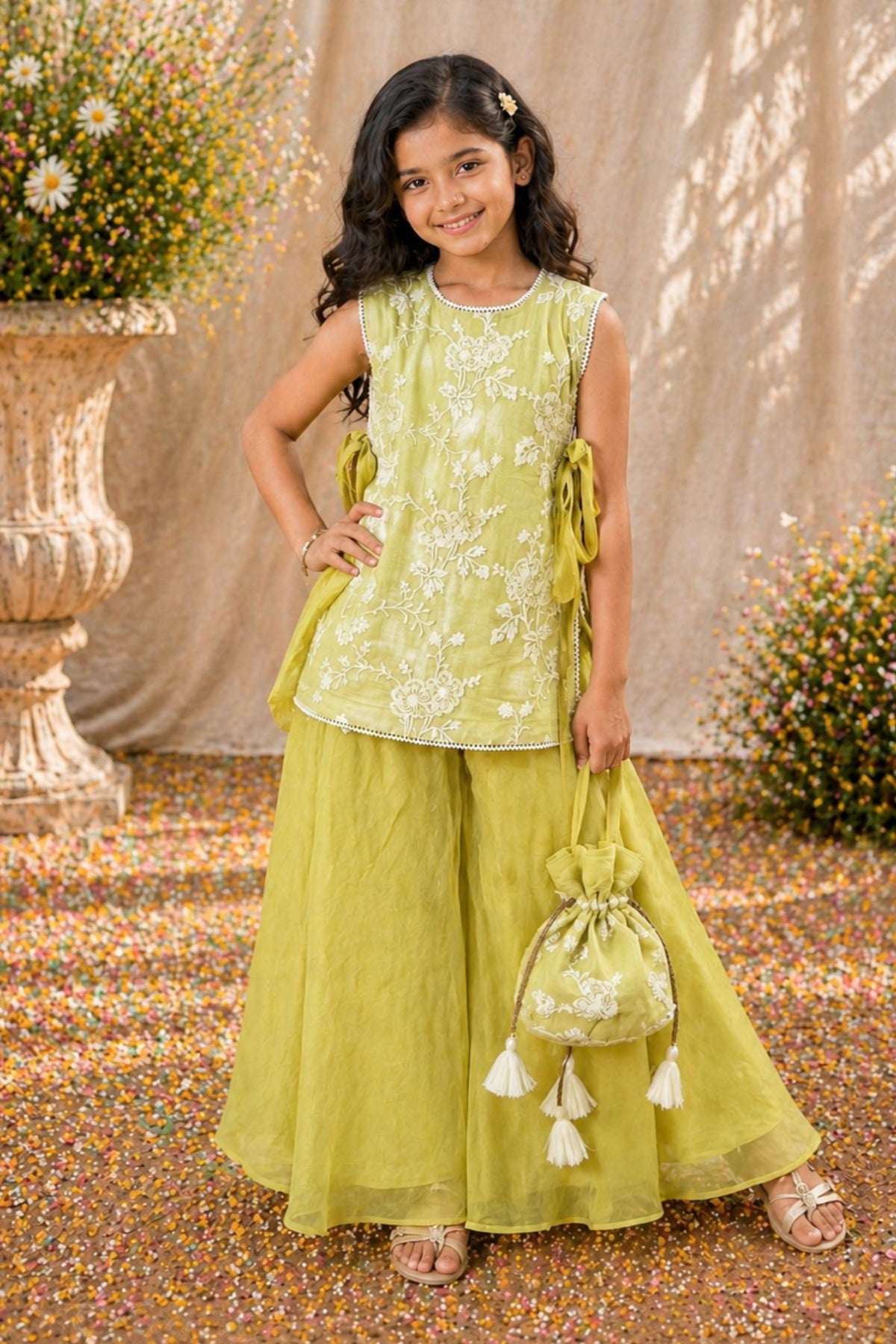 Girls Lime Green Floral Embroidered Palazzo Set With Dupatta