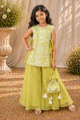 Girls Lime Green Floral Embroidered Palazzo Set With Dupatta