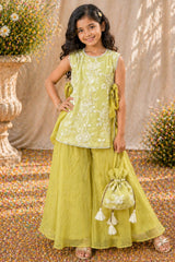 Girls Lime Green Floral Embroidered Palazzo Set With Dupatta