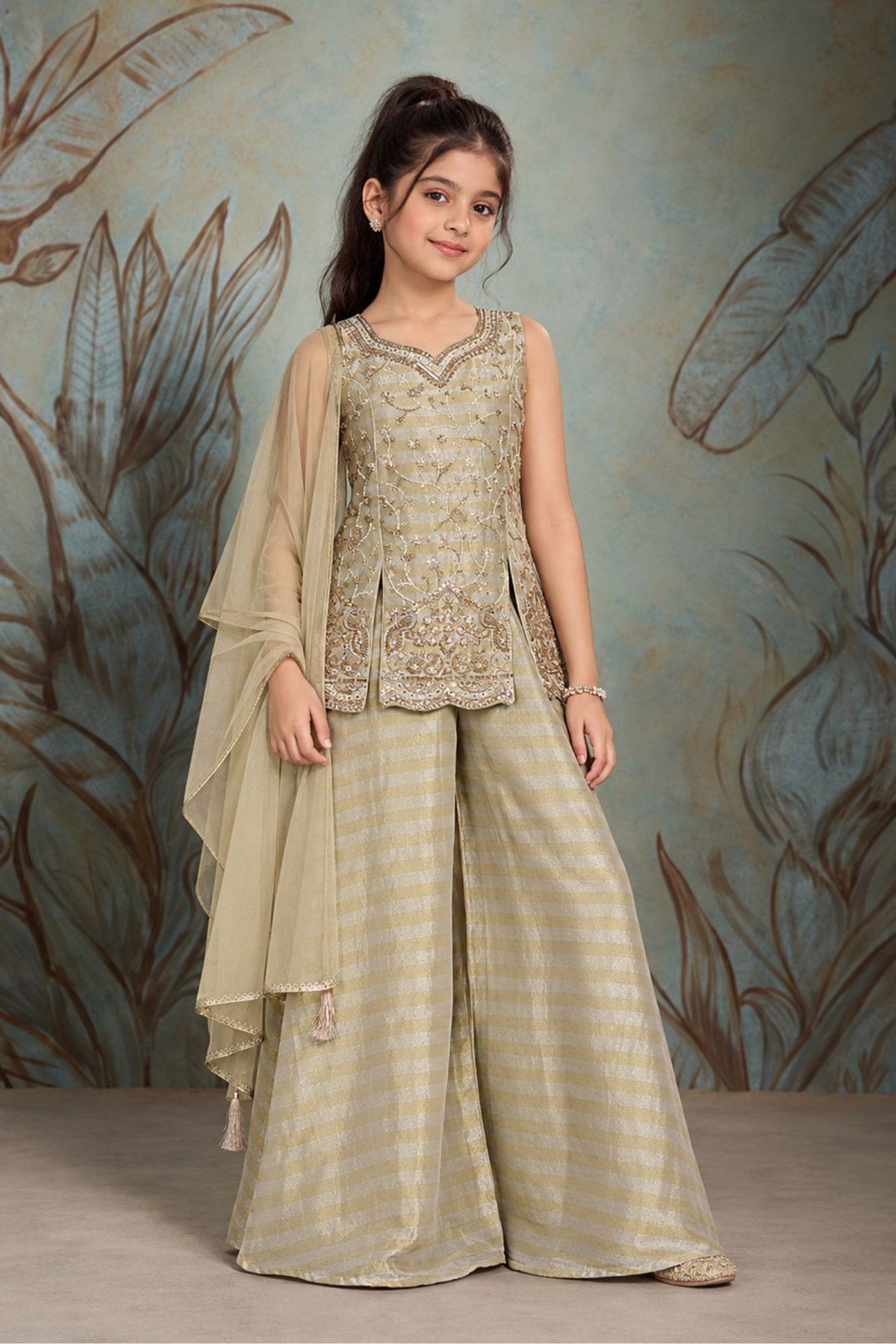 Grey And Champagne Gold Embellished Palazzo Set With Dupatta For Girls