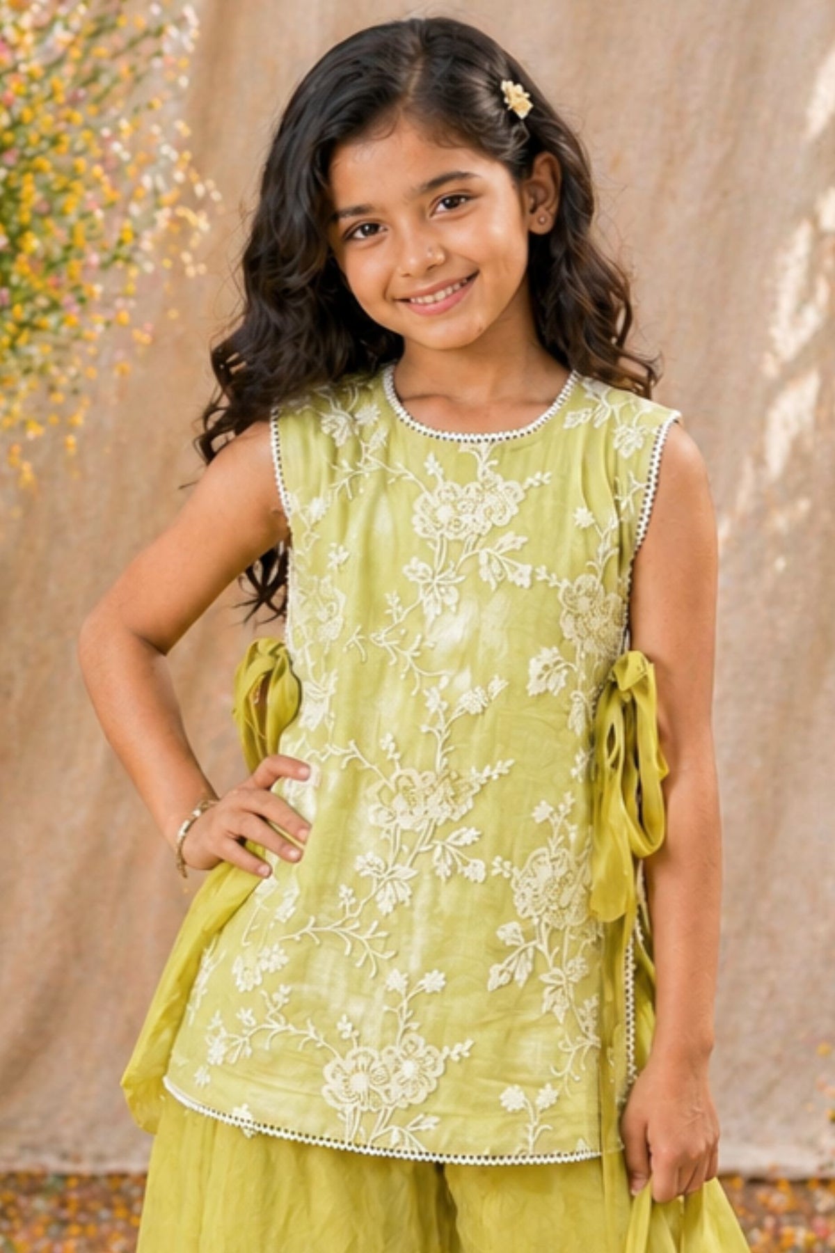 Girls Lime Green Floral Embroidered Palazzo Set With Dupatta