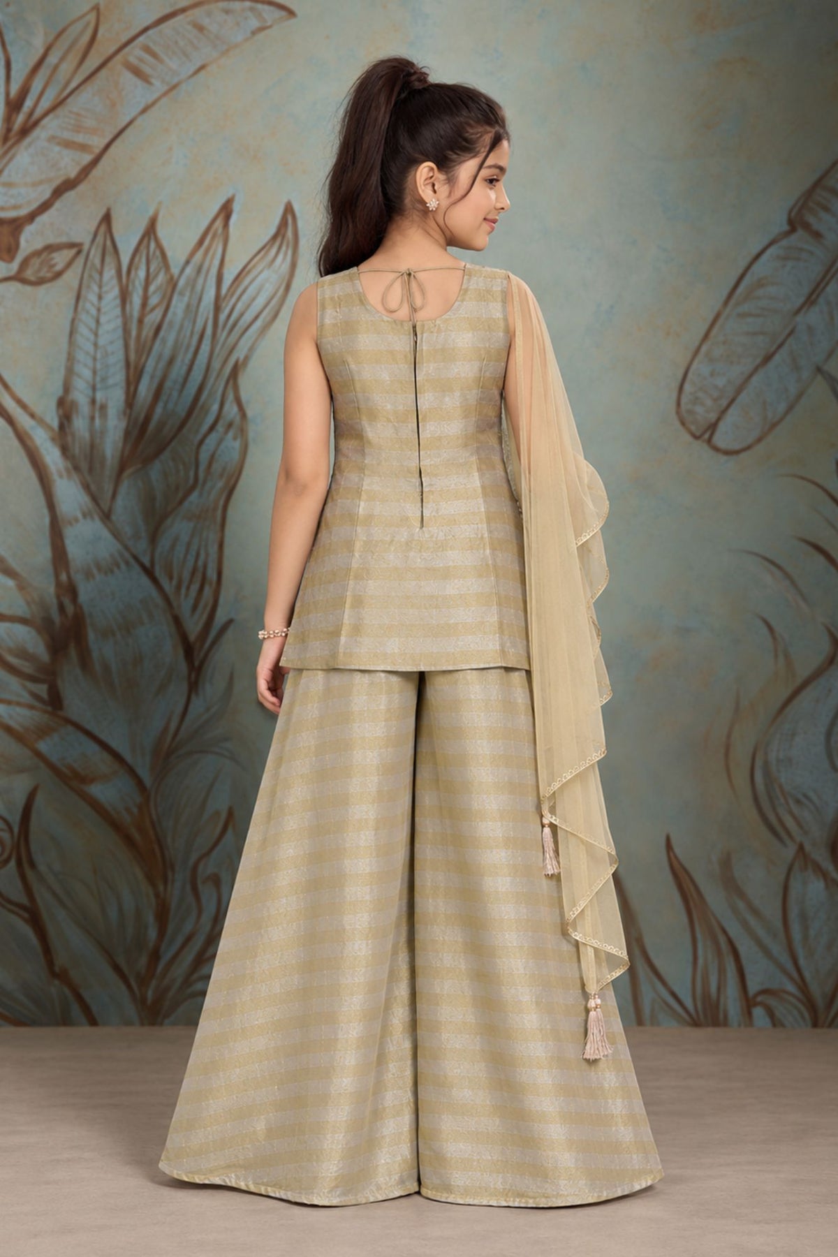 Grey And Champagne Gold Embellished Palazzo Set With Dupatta For Girls