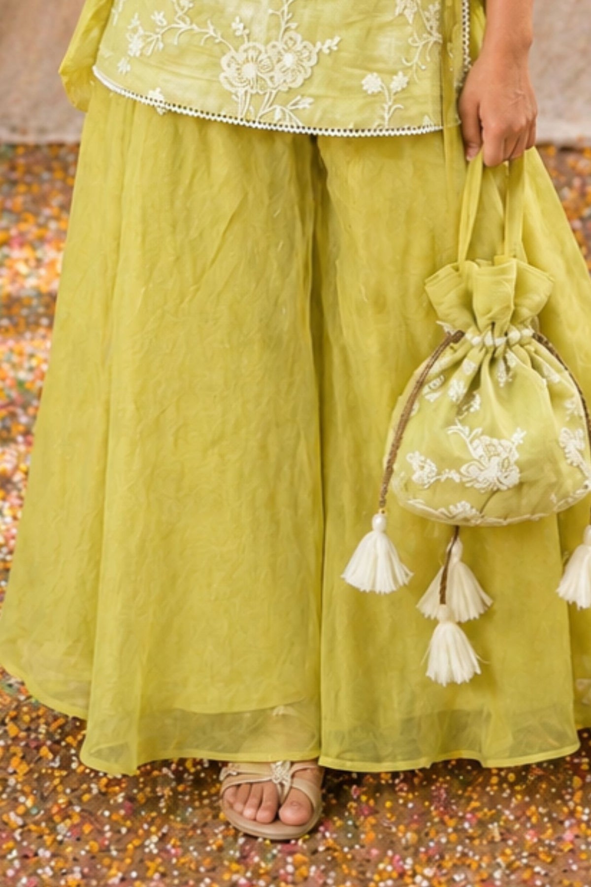Girls Lime Green Floral Embroidered Palazzo Set With Dupatta