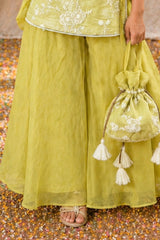 Girls Lime Green Floral Embroidered Palazzo Set With Dupatta