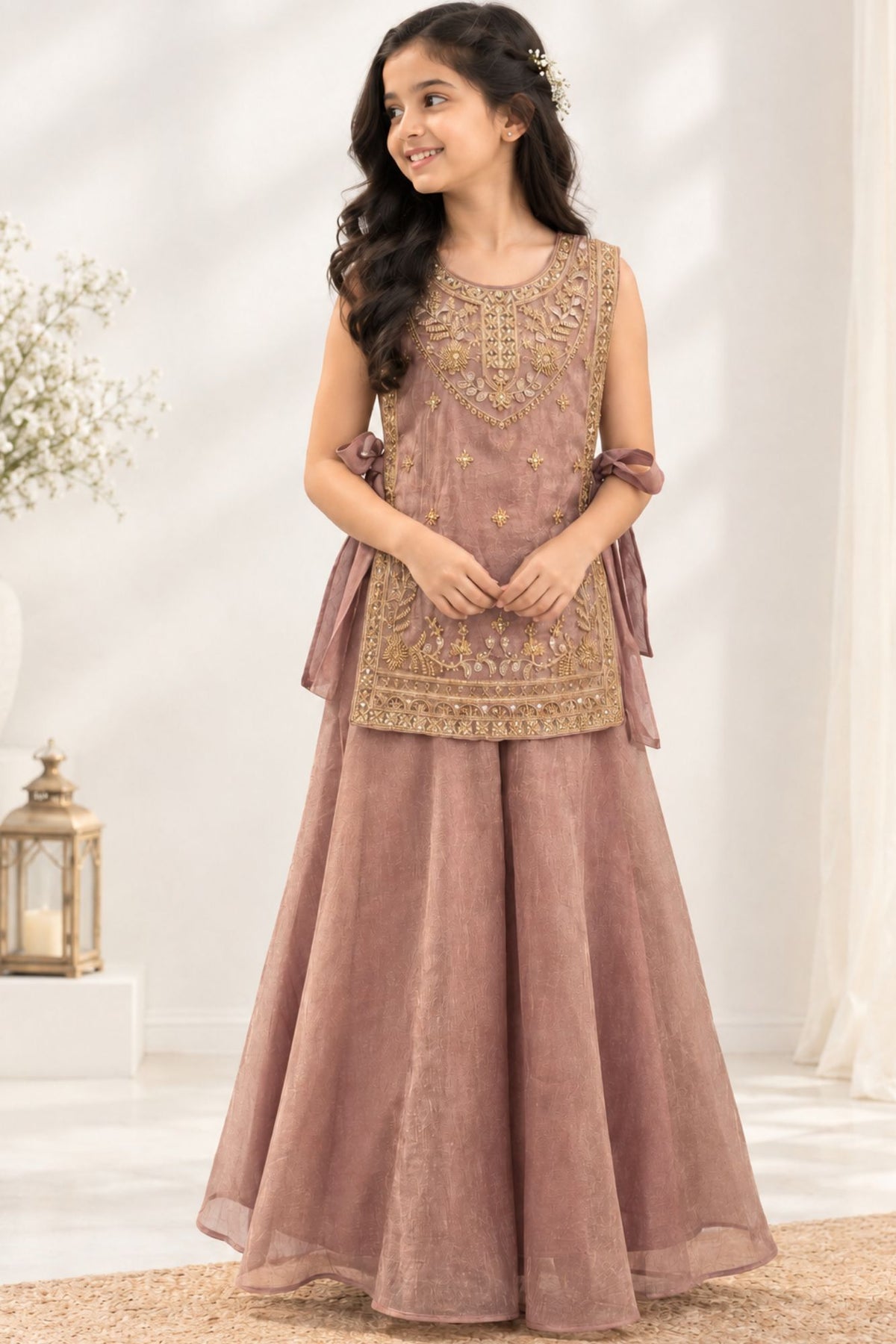 Girls Mauve With Gold Embroidered Palazzo Set With Dupatta