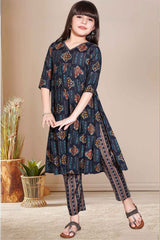 Navy 3/4th Sleeves With Floral Printed And Bead Work Kurta Set For Girls