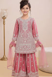 Dusty Pink And Gold Embroidered Kurti Palazzo Set for Girls
