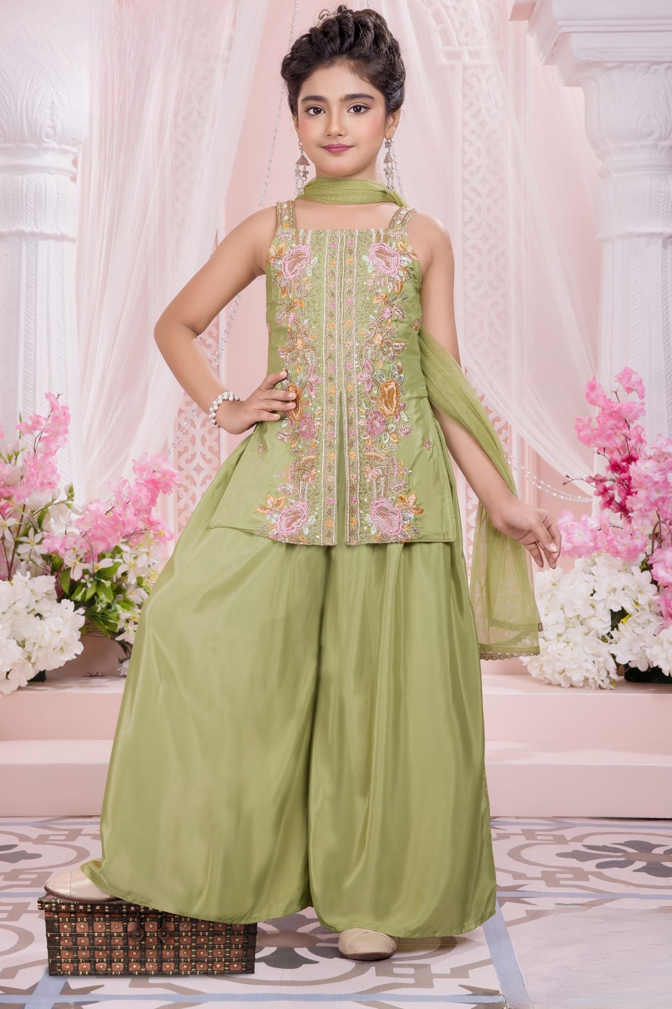 Girls Pista Green Palazzo Set with Heavy Floral Embroidered Kurti And Dupatta