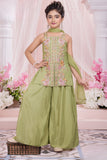 Girls Pista Green Palazzo Set with Heavy Floral Embroidered Kurti And Dupatta