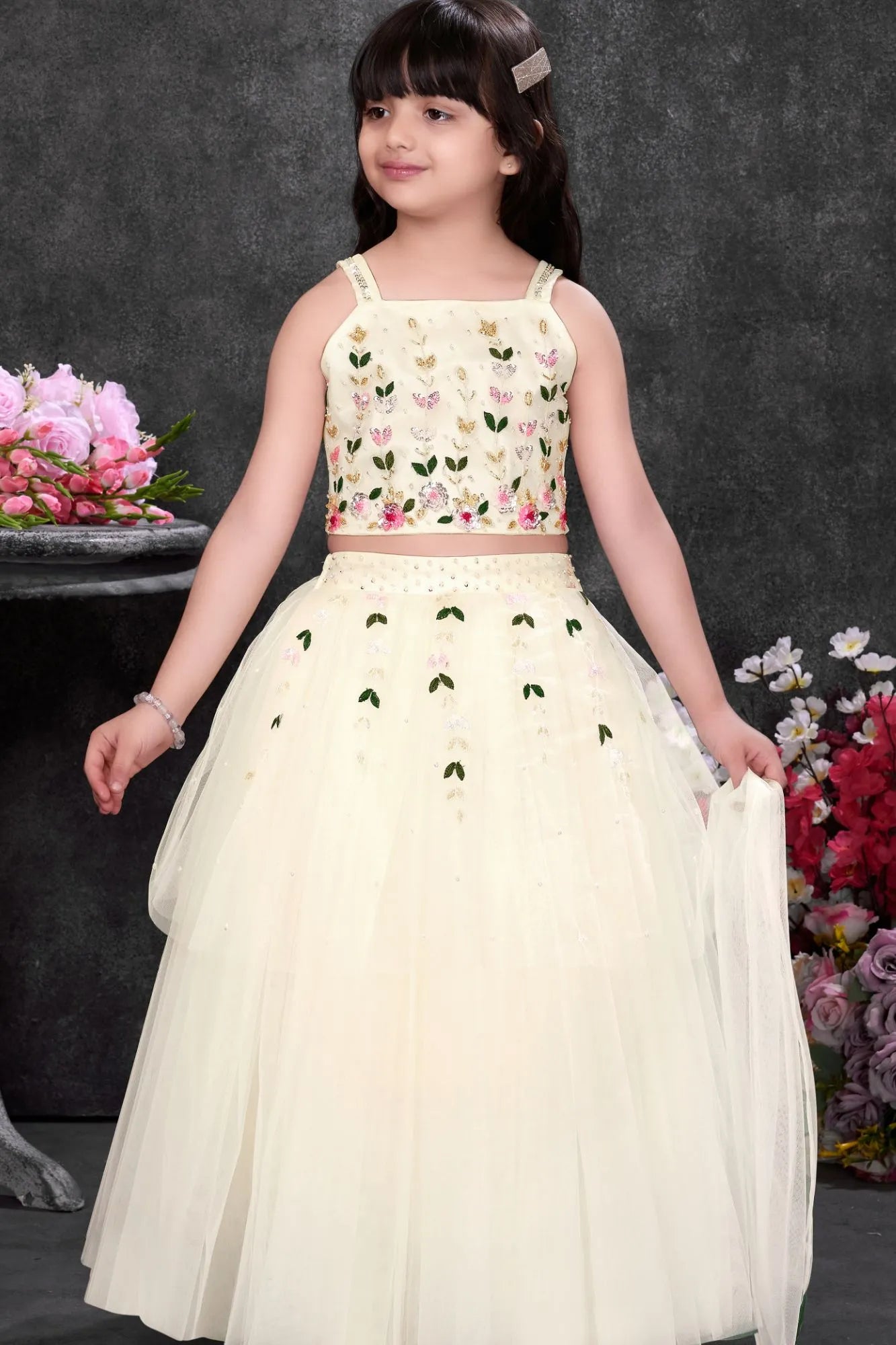 White Embroidered Lehenga Choli Set For Girls