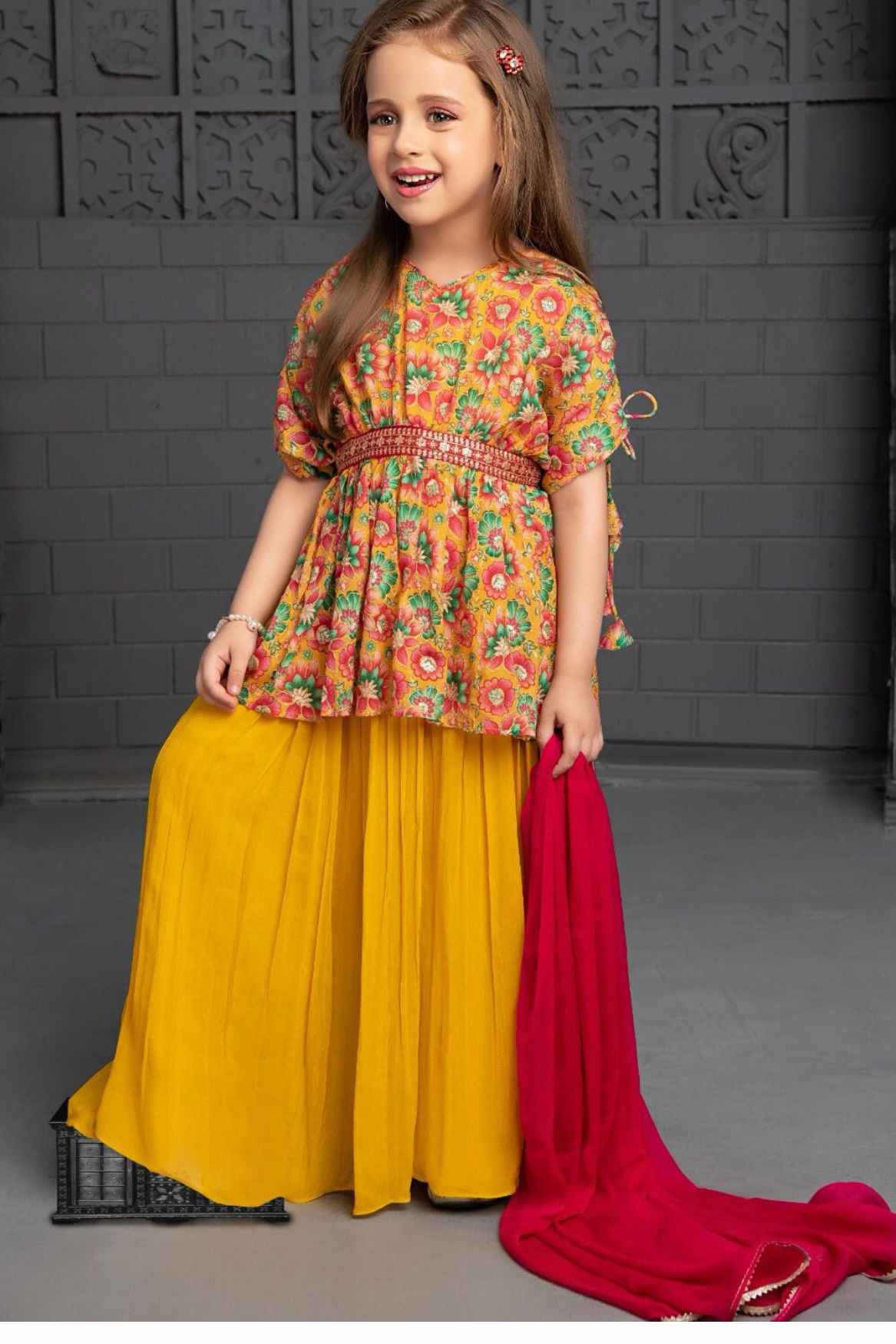 Yellow Printed Palazzo Set With Mirror Work For Girls