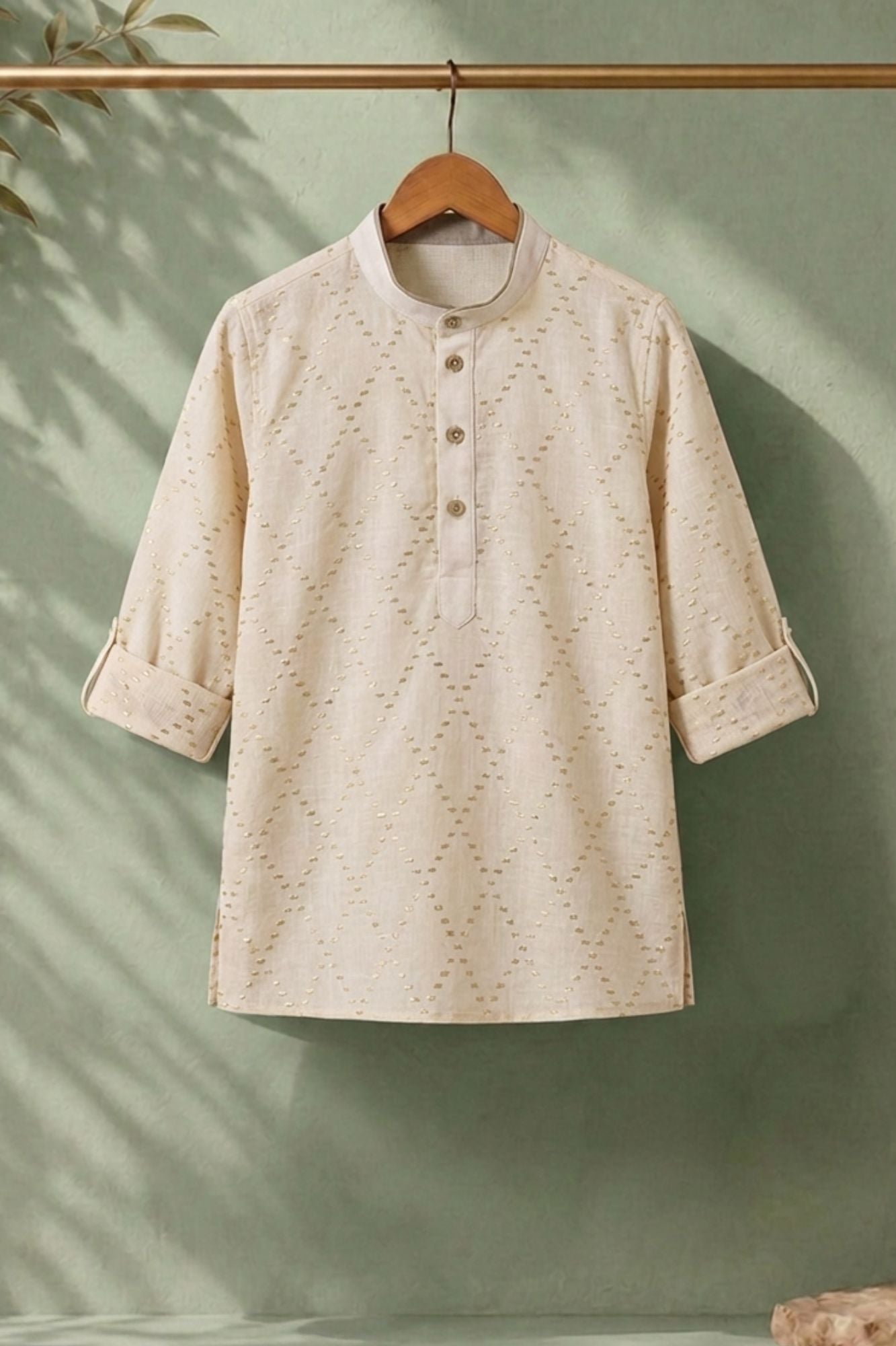 Fawn Geometric Thread Embroidered Pure Linen Kurta