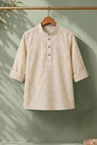 Fawn Geometric Thread Embroidered Pure Linen Kurta