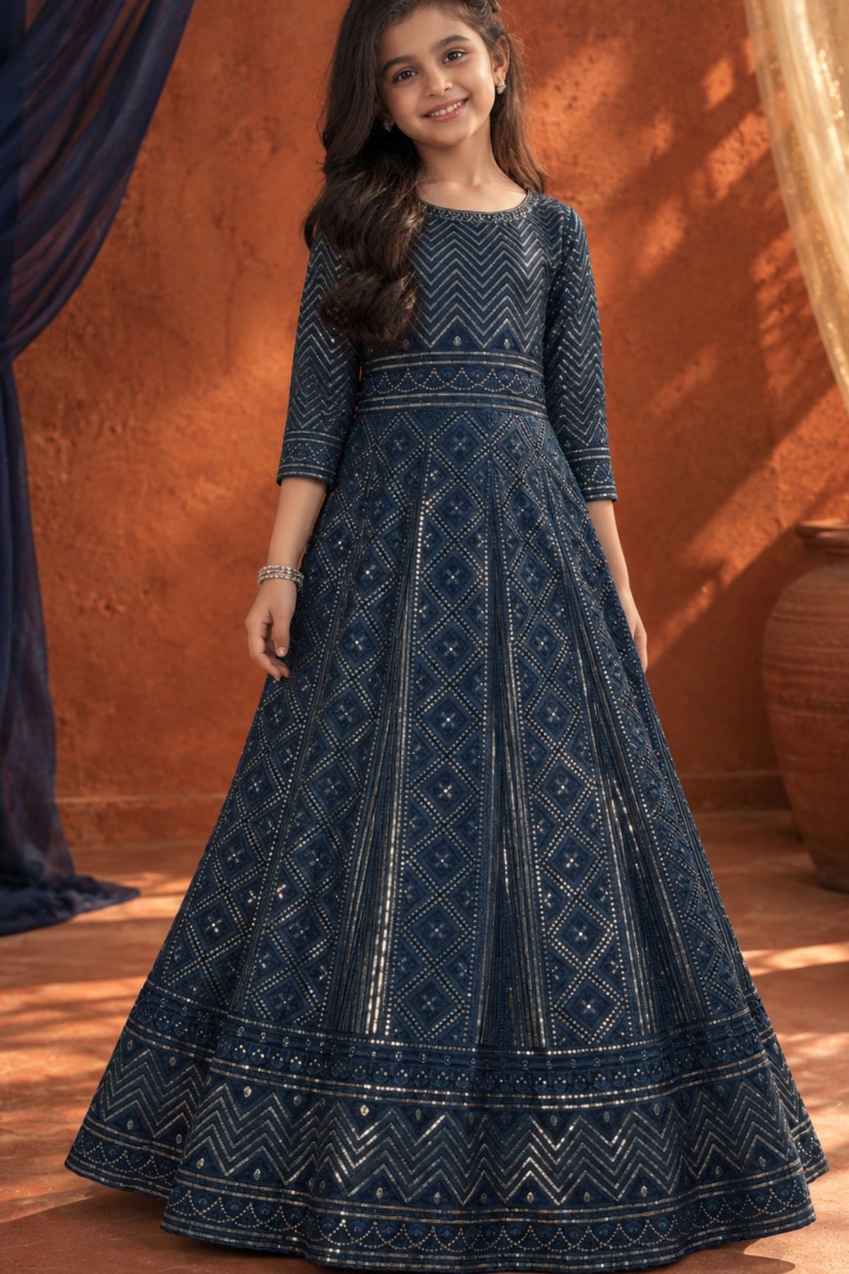 Navy Blue Sequined Long Ethnic Gown For Girls
