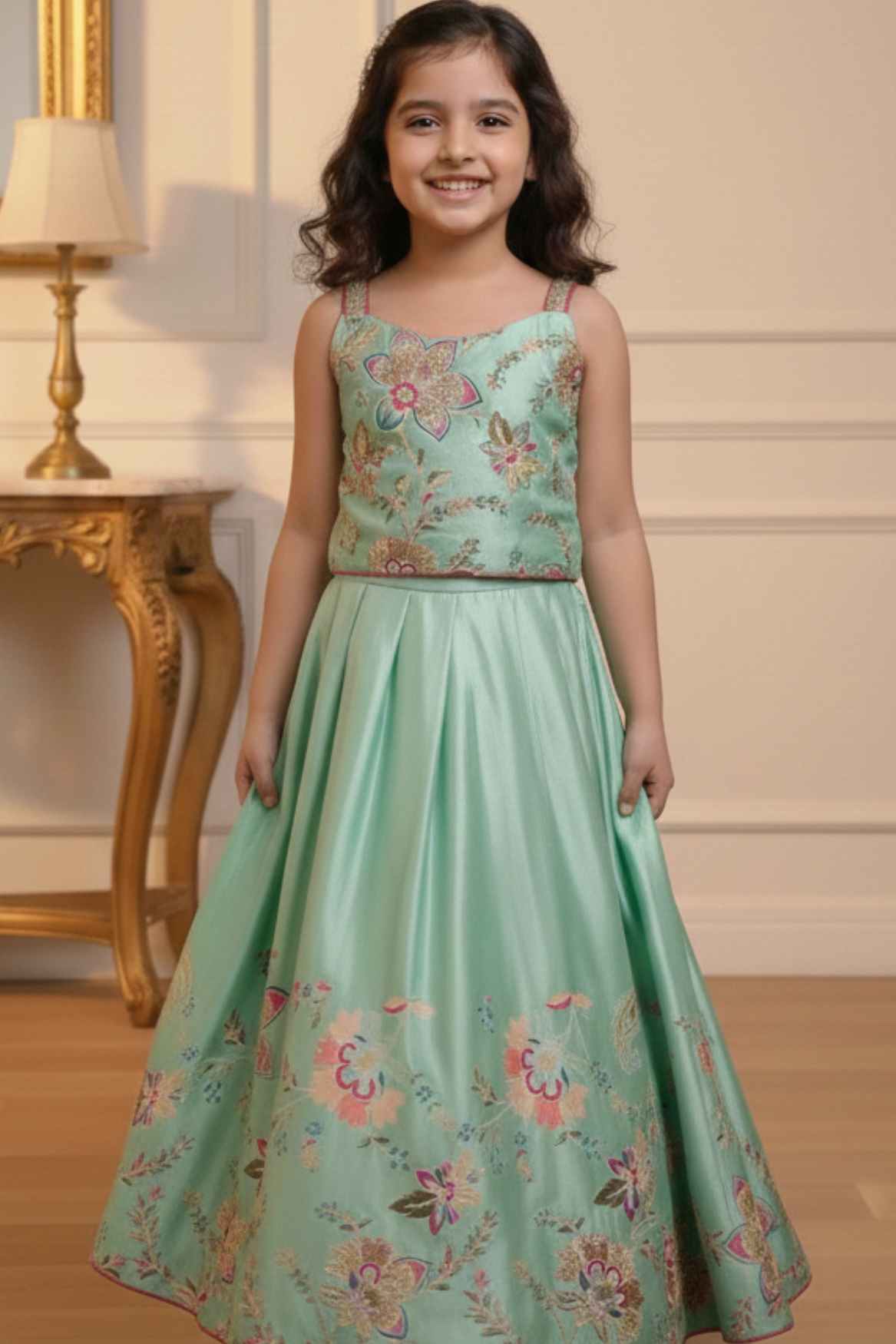 Sea Green Floral Embroidered Lehenga Choli Set For Girls