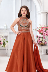 Girls Elegant Rust Orange Sequin And Stone Embellished Palazzo Set