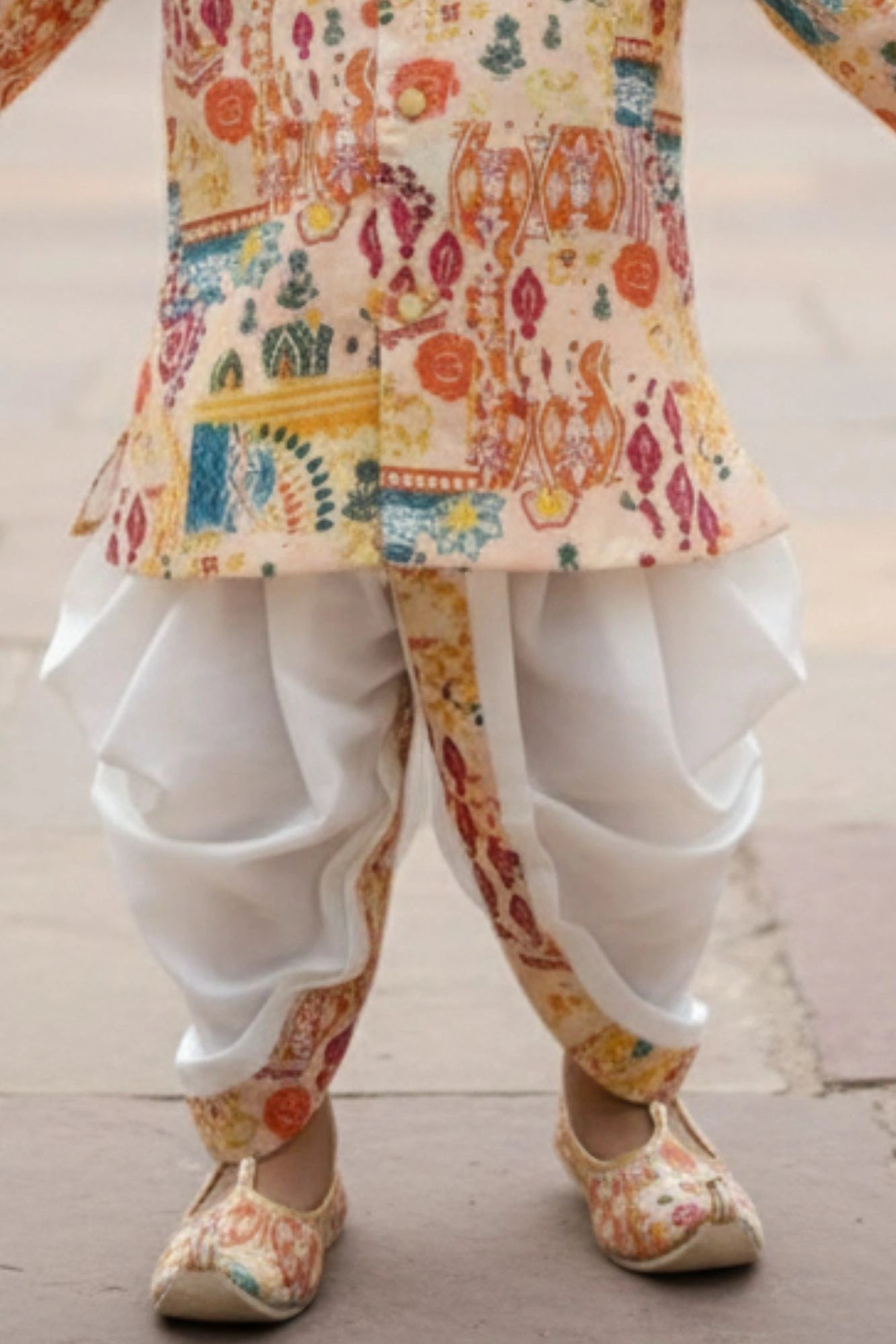 Cream Multicolor Ethnic Printed Kurta Dhoti Set for Boys