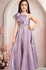 Designer Lavender Satin Gown With Stone Waist Band For Girls