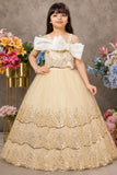 Girls Golden Sequin Bow Detailed Layered Party Wear Gown